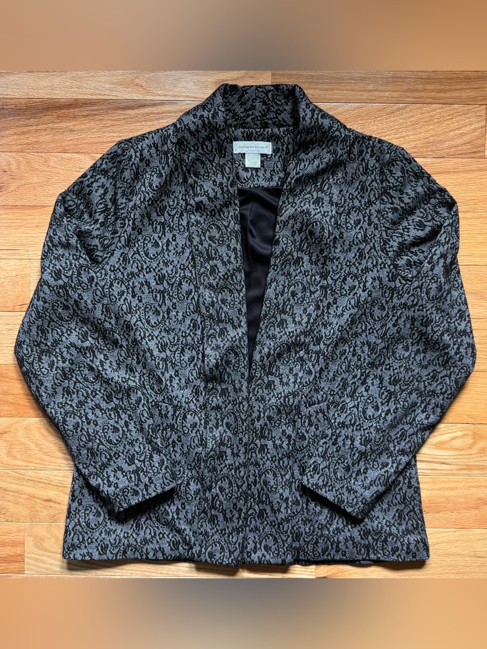 Christopher & Banks Women’s Open Front Jacket in Black and Gray Brocade, Size S